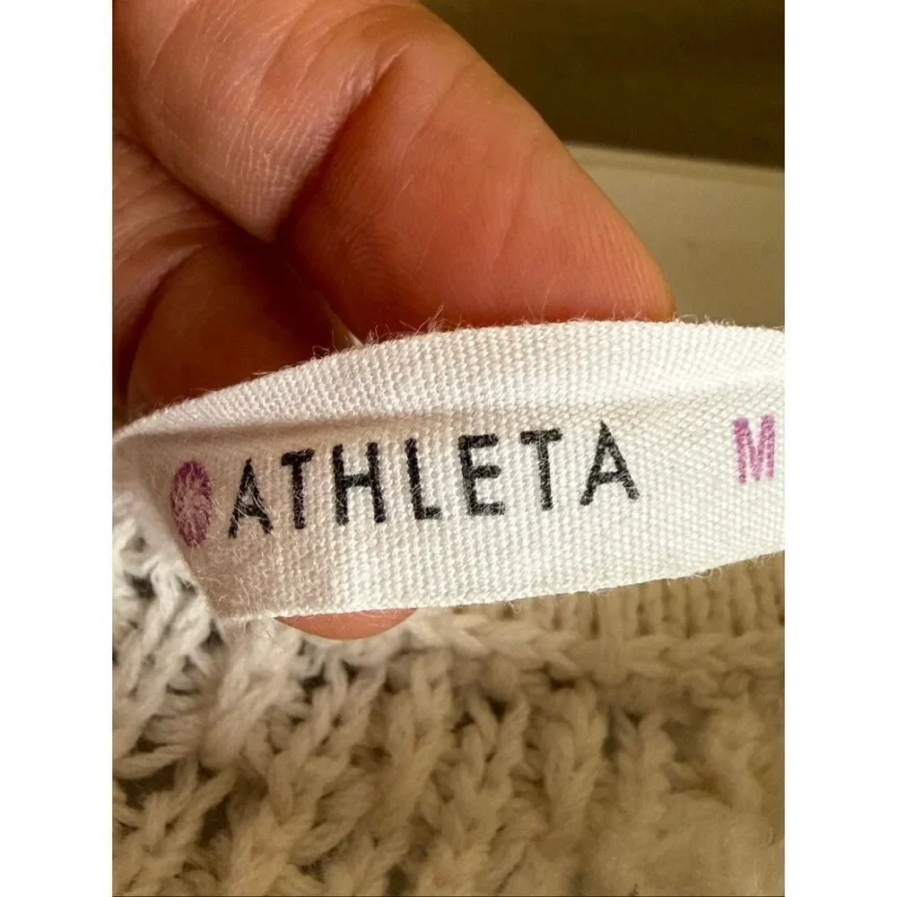 Athleta Womens Medium White Textured Knit Linen Blend Sweater Top